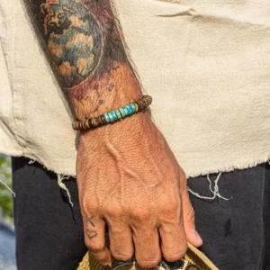 Men Summer Surfer Wood and Gemstone Heishi Bead Bracelet Imperial Jasper and Coconut Beaded Bracelet