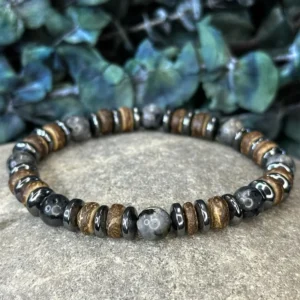 Men's Larvikite Stone Bracelet with Wood and Hematite Natural Bohemian Jewelry